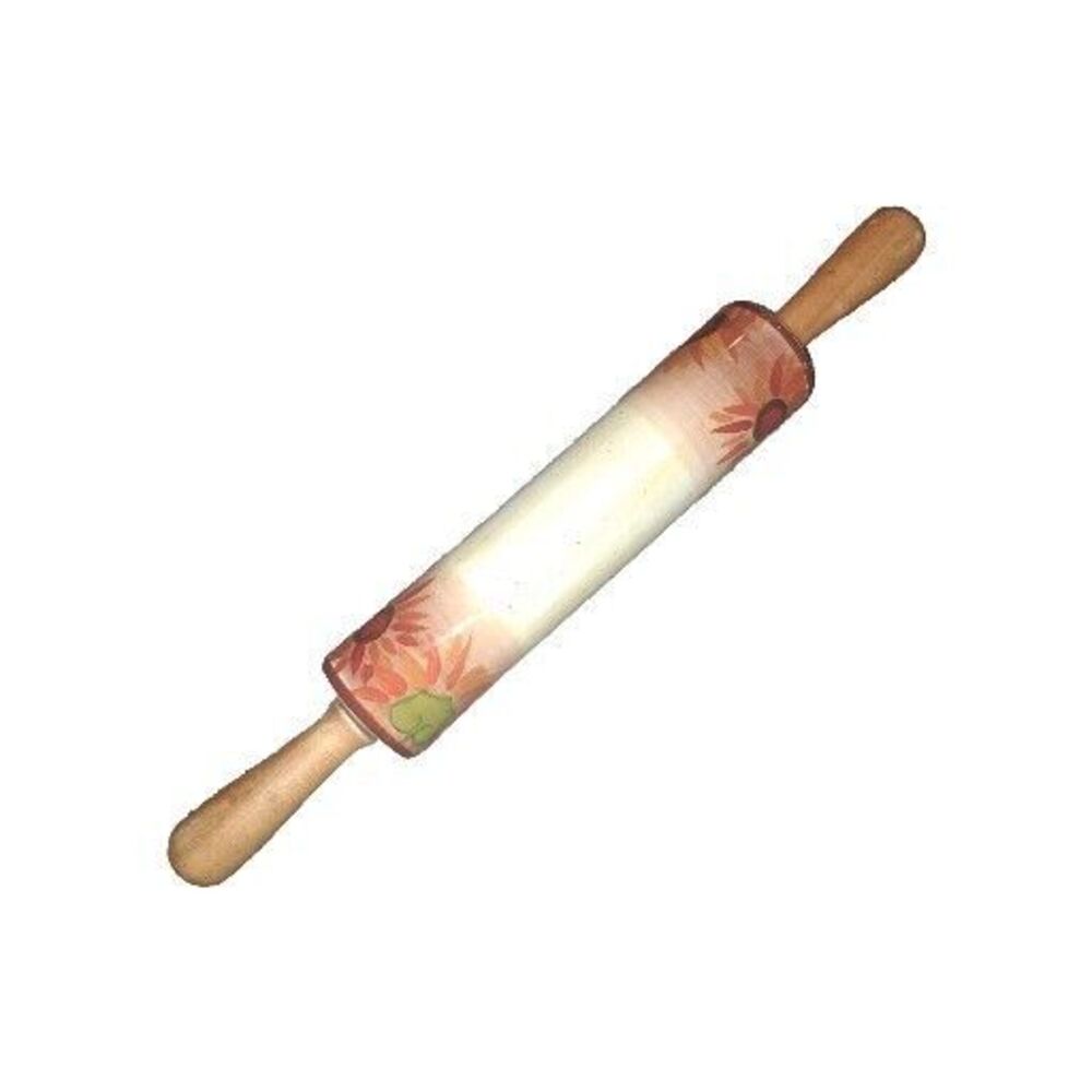Counter Art Ceramic Rolling Pin Floral Wooden Handles 18.5" inches